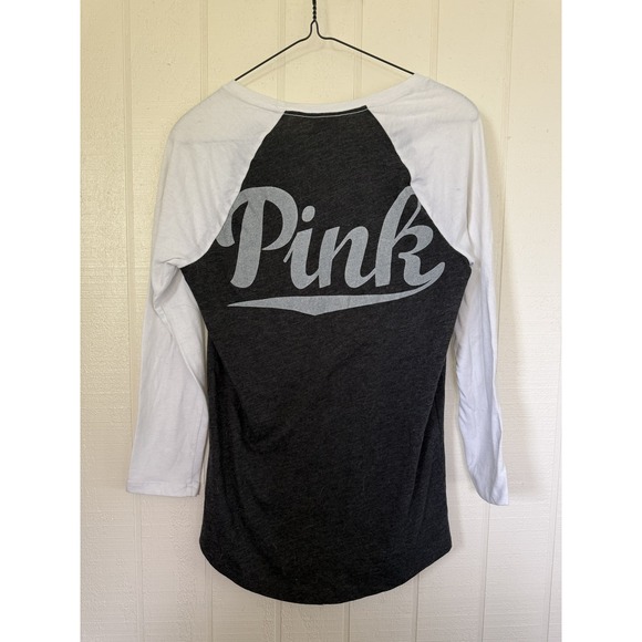 PINK Victoria's Secret Raglan Baseball Tee Gray White Glitter Logo XS - Picture 3 of 3